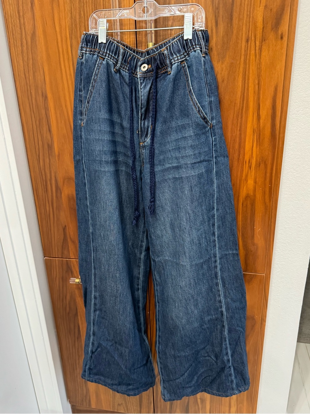 Wide-Leg Dark Blue Denim Pants